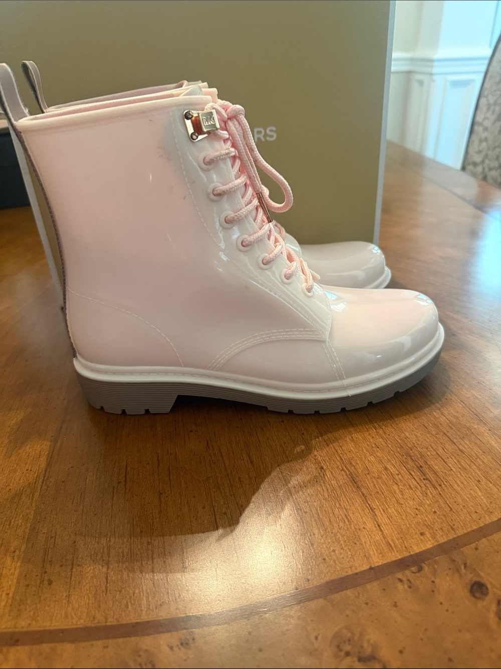 Michael Kors Pink Patent Lace-Up Combat Rain Boots - Picture 3 of 6